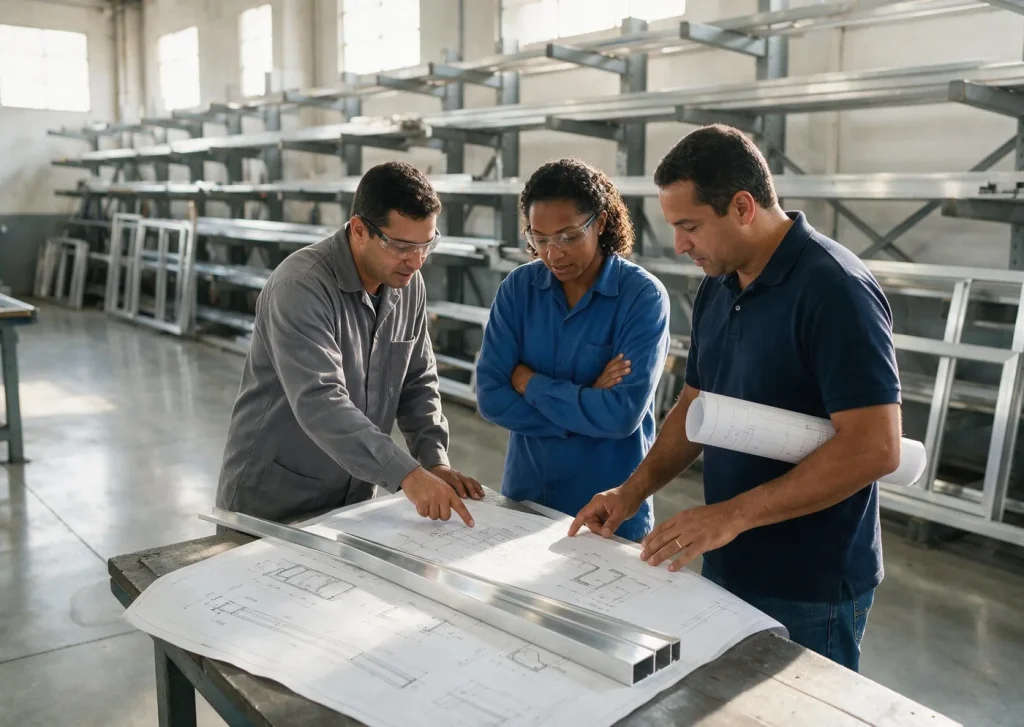 Equipe analisando o projeto de um perfil de alumínio na serralheria